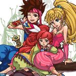  1girl 1other :t androgynous annoyed bare_shoulders between_legs blonde_hair blue_eyes chin_rest earrings facepaint feathers hair_feathers henyo hoop_earrings jewelry long_hair lowres one_eye_closed ponytail popoi primm randi red_hair seiken_densetsu seiken_densetsu_2 tunic yellow_eyes 