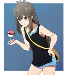  1girl arimon_(dfrgty12) bag black_shirt blue_(pokemon) blue_shorts brown_eyes brown_hair collarbone cowboy_shot creatures_(company) game_freak hand_on_hip leaning_forward long_hair nintendo poke_ball pokemon pokemon_(game) pokemon_lgpe shiny shiny_hair shiny_skin shirt short_shorts shorts sleeveless sleeveless_shirt smile solo standing 