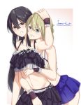  2girls black_bikini_top black_hair black_skirt blonde_hair blue_eyes blue_skirt brown_eyes collarbone grin groin hair_between_eyes hand_on_another&#039;s_hat looking_at_viewer miniskirt multiple_girls navel original pleated_skirt saruno_(eyesonly712) short_hair skirt smile white_background white_bikini_top wrist_cuffs yuri 