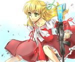 bad_id bad_pixiv_id blonde_hair bow claire_bennett dress green_eyes gun hair_bow half_updo ichineko. long_hair out_of_character red_dress ribbon sketch solo tales_of_(series) tales_of_rebirth weapon 
