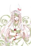  bracelet dress ex-keine green_hair highres horn_ribbon horns jewelry kamishirasawa_keine long_hair marker_(medium) mtmy multicolored_hair open_mouth red_eyes ribbon silver_hair solo touhou traditional_media two-tone_hair 