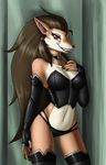  canine claws corset crovirus elbow_gloves female fingerless_gloves gloves hair legwear long_hair looking_at_viewer mammal navel panties pointy_ears red_eyes simple_background solo stockings underwear video_games warcraft were werewolf worgen world_of_warcraft xinxiao 
