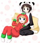  animal_costume black_hair blonde_hair blue_eyes blush brown_eyes funami_yui koba-p multiple_girls open_mouth pajamas panda_costume pillow smile socks tomato_costume toshinou_kyouko yuru_yuri 