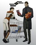  1girl 2011 adam_jensen ass beard bodysuit brown_hair cereal coat couple cyberpunk cyborg deus_ex deus_ex:_human_revolution facial_hair faridah_malik gameplay_mechanics gb_(doubleleaf) gloves gnome good_end hetero highres mole pilot_suit science_fiction shopping shopping_cart short_hair simple_background sunglasses trench_coat 