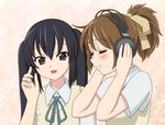 blush brown_hair chunpai closed_eyes headphones hirasawa_ui k-on! long_hair multiple_girls nakano_azusa smile twintails 