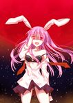  animal_ears bare_shoulders black_bra black_panties bra breasts bunny_ears cleavage dress_shirt full_moon hand_over_eye izumi_minami lingerie long_hair looking_at_viewer moon off_shoulder open_clothes open_mouth open_shirt panties pink_hair pleated_skirt red_eyes red_moon reisen_udongein_inaba shaded_face shirt skirt small_breasts solo strap_slip touhou underwear 