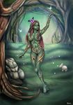  big_breasts breasts butterfly dryad fairy felox08 female feral forest green_skin group hair humanoid insect lagomorph mammal nude outside rabbit red_hair solo_focus tree wood 