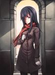  black_hair coat gloves hair_over_one_eye highres ikezawa_hanako katawa_shoujo long_hair pantyhose saimon_ma scar scarf solo 