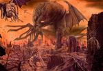  apocalypse city cityscape cloud cthulhu cthulhu_mythos dust flying highres hiyokemusi monochrome monster no_humans red red_sky ruins sky tentacles wings 