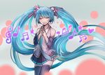  aqua_hair bad_id bad_pixiv_id closed_eyes detached_sleeves hands_clasped hatsune_miku highres long_hair musical_note necktie own_hands_together ramble12 skirt solo thighhighs twintails very_long_hair vocaloid 