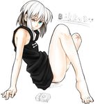  amputee arm_support bad_id bad_pixiv_id barefoot bikko black_hair dress hirasaki_yuuya leaning_back legs looking_at_viewer multicolored_hair no_pants one-eyed original scar short_dress short_hair simple_background sitting solo toes white_background white_hair 