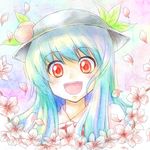  blue_hair blush commentary faux_traditional_media flower food fruit hat hinanawi_tenshi long_hair making_of open_mouth peach petals portrait red_eyes shimada_(simada_bu) solo touhou 