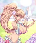  amatsuba_mimina armlet bad_id bad_pixiv_id blonde_hair breasts bridal_gauntlets earrings finger_in_mouth flower hair_flower hair_ornament hoop_earrings huge_breasts jewelry long_hair pointy_ears ponytail primm seiken_densetsu seiken_densetsu_2 solo temple very_long_hair wide_ponytail 