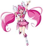  :d antenna_hair arm_up bike_shorts boots bow bowtie brooch choker cure_happy eyelashes full_body happy hato_(shinhwa-drive) head_wings highres hoshizora_miyuki jewelry knee_boots long_hair magical_girl open_mouth pink_bow pink_choker pink_eyes pink_hair pink_neckwear pink_shorts pink_skirt precure shorts shorts_under_skirt skirt smile smile_precure! solo standing standing_on_one_leg tiara transparent_background twintails wrist_cuffs 