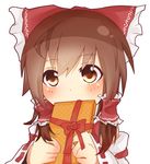  blush bow box brown_eyes brown_hair gift gift_box hair_bow hair_tubes hakurei_reimu scarf solo tosura-ayato touhou 