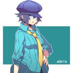  blue_eyes blue_hair breasts cabbie_hat glasses hand_on_hip hat hips large_breasts looking_at_viewer necktie persona persona_4 shirogane_naoto short_hair solo tomboy yoshian 