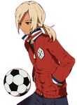  bad_id bad_pixiv_id ball blonde_hair gouenji_shuuya highres inazuma_eleven_(series) inazuma_eleven_go jacket koko_(kotobutyann) long_hair male_focus ponytail soccer_ball solo telstar 