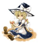  blonde_hair bow braid dress hair_bow hat hat_bow holding kirisame_marisa shanghai_doll single_braid sitting solo tears tigern touhou white_bow witch_hat yellow_eyes younger 