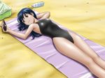  armpits bad_id bad_pixiv_id bag beach black_eyes black_hair bottle colorized highleg highleg_swimsuit holding long_hair lying on_back one-piece_swimsuit original saver_(artbysaver) solo swimsuit water_bottle 