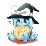 clothed_pokemon cosplay gen_1_pokemon hands_on_headwear hat hat_bow kirisame_marisa kirisame_marisa_(cosplay) lowres no_humans pokemon pokemon_(creature) pun red_eyes shell simple_background sitting solo squirtle tigern touhou white_background white_bow witch_hat 