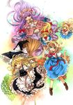  :&gt; :o ;d alice_margatroid anthiea bad_id bad_pixiv_id blonde_hair blue_eyes book bow broom crescent dress green_eyes hair_bow hairband hat hat_bow hat_ribbon kirisame_marisa long_hair multiple_girls one_eye_closed open_mouth patchouli_knowledge purple_eyes purple_hair ribbon shanghai_doll smile touhou v_arms witch_hat yellow_eyes 
