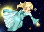  1girl blonde_hair blue_eyes crown dress hair_over_one_eye long_hair mario_(series) nintendo planet princess_rosalina rosalina_(mario) rosetta_(mario) solo space super_mario_bros. super_mario_galaxy 