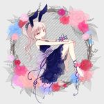  animal_ears ankle_ribbon barefoot bunny_ears dress flower original ponytail rakuni red_eyes ribbon solo 