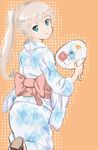 1girl alternate_hairstyle eila_ilmatar_juutilainen fan japanese_clothes kimono looking_at_viewer looking_back ponytail strike_witches tonttu 