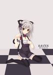  2012 animal_ears artist_name bad_id bad_pixiv_id bell black_legwear checkered checkered_floor chess_piece dated floor high_school_dxd holding kuroneko_(raven534) looking_at_viewer maid no_shoes silver_hair simple_background sitting solo tail thighhighs toujou_koneko wariza yellow_eyes 