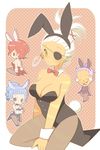  ange_serena animal_ears bad_id bad_pixiv_id bow bowtie bunny_ears bunny_tail bunnysuit chibi detached_collar eyepatch fishnet_pantyhose fishnets hermana_larmo iria_animi long_hair multiple_girls pantyhose ponytail qq_selesneva ramune_(ramu33) short_hair tail tales_of_(series) tales_of_innocence tales_of_innocence_r very_short_hair white_hair wrist_cuffs yellow_eyes 