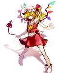  :d ascot blonde_hair crystal flandre_scarlet full_body hat hat_ribbon highres laevatein open_mouth orange_eyes outstretched_arm ribbon sakusakumonoka shadow side_ponytail skirt smile solo standing touhou transparent_background wings 