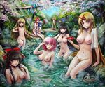  alcohol arm_support bathing black_hair blonde_hair blue_hair blush book breasts brown_eyes cirno flandre_scarlet hakurei_reimu hong_meiling horn hoshiguma_yuugi ibuki_suika large_breasts long_hair lying multiple_girls nature nipples nude oil_painting_(medium) on_back one_eye_closed outdoors patchouli_knowledge petals pink_eyes pink_hair pointy_ears pubic_hair purple_hair reading red_eyes red_hair reiuji_utsuho saigyouji_yuyuko sake short_hair sitting splashing tafuto third_eye touhou towel traditional_media tree undressing very_long_hair water wet wings 