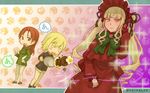  3girls alternate_hairstyle blonde_hair blush bonnet cosplay crossover drill_hair erica_hartmann food long_hair minna-dietlinde_wilcke multiple_girls nogawa_sakura perrine_h_clostermann red_hair rozen_maiden sawashiro_miyuki seiyuu_connection seiyuu_joke shinku shinku_(cosplay) strike_witches tanaka_rie twintails 