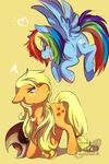  &hearts; &lt;3 angry applejack_(mlp) blonde_hair blue blue_fur cutie_mark equine eyes_closed feather female feral flying friendship_is_magic fur hair hat hooves horse long_hair looking_up mammal multi-colored_hair my_little_pony pegasus plain_background pony rainbow_dash_(mlp) rainbow_hair short_hair smile tartii teeth wings yellow yellow_background 