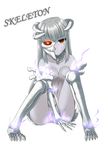  bone breasts butter-t character_name empty_eyes glowing glowing_eye grey_hair horns long_hair monster_girl monster_girl_encyclopedia red_eyes simple_background sitting skeletal_arm skeleton_(monster_girl_encyclopedia) small_breasts solo white_background 