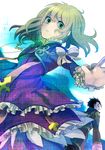  1girl absurdres alvin_(tales) black_hair blonde_hair bow coat cropped_jacket dress elize_lutus green_eyes highres outstretched_hand purple_dress ribbon short_hair takeo_(sakana) tales_of_(series) tales_of_xillia 