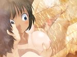  1boy 1girl breasts brown_hair censored game_cg koi_to_mizugi_to_taiyo_to nipples nude penis pov schoolgirl short_hair tan tanline 