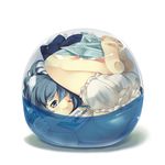  1girl ass bad_id bad_pixiv_id bare_legs barefoot bloomers blue_eyes blue_hair bow cirno curled_up feet full_body gashapon hair_bow in_container maki_(natoriumu) minigirl one_eye_closed pun short_hair simple_background soles solo topless touhou translated underwear underwear_only wavy_mouth white_bloomers wince wings 