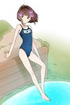  bare_legs bare_shoulders barefoot brown_eyes brown_hair flat_chest hair_ornament highres legs long_legs name_tag nyanyacchi one-piece_swimsuit puddle reala ripples school_swimsuit short_hair sitting solo swimsuit tales_of_(series) tales_of_destiny_2 very_short_hair water 