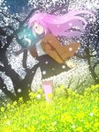  aoten flower jacket kneehighs long_hair looking_down nature original pantyhose pink_eyes pink_hair profile scarf skirt solo tree white_legwear wind wind_lift 