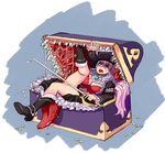  boots box breasts bustier captain_liliana frills hat highres in_box in_container kekekeke long_hair medium_breasts mimic mimic_chest monster pink_hair pirate pirate_hat queen's_blade queen's_blade_rebellion red_eyes sword teeth tongue treasure_chest vore weapon 