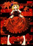  :d akasia aki_minoriko arm_garter barefoot blonde_hair dress egasumi feet food fruit grapes highres leaf maple_leaf open_mouth red_eyes short_hair skirt_hold smile solo touhou 