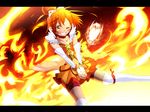  bad_id bad_pixiv_id ball bike_shorts bow choker cure_sunny elbow_gloves eyelashes fiery_background fire gloves grin hino_akane_(smile_precure!) one_eye_closed orange_(color) orange_background orange_choker orange_eyes orange_hair orange_skirt precure red_shorts shorts shorts_under_skirt skirt smile smile_precure! solo tiara ume_(plumblossom) 