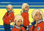  absurdres blonde_hair brown_eyes dark_skin dark_skinned_male denim gouenji_shuuya hands_in_pockets highres inazuma_eleven_(series) inazuma_eleven_go jacket jeans long_hair male_focus open_mouth pants ponytail ray-lah smile zipper 