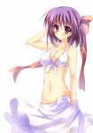  amane_ruri bikini bow breasts cleavage front-tie_top hair_bow hair_ribbon highres large_breasts md5_mismatch original purple_eyes purple_hair ribbon sarong short_hair solo swimsuit white_sarong wind wind_lift 