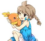  braid brown_hair crossover gen_3_pokemon gouenji_yuuka hug inazuma_eleven inazuma_eleven_(series) lowres nana0813 open_mouth pokemon pokemon_(creature) pokemon_(game) pokemon_rse torchic twin_braids 