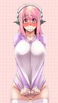  blush bottomless breasts censored collarbone covered_nipples embarrassed groin headphones kurozako large_breasts naked_shirt nitroplus no_pupils pink_eyes pink_hair pussy raglan_sleeves shirt shirt_tug short_hair solo super_sonico t-shirt thighhighs white_legwear 