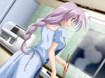  1girl braid breasts dress game_cg green_eyes indoors kitchen mizuno_shizuka purple_hair single_braid solo tsuki_possession zyx 