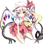  aa44 ascot blonde_hair crystal dress flandre_scarlet hand_on_leg hat hat_ribbon pink_eyes ribbon side_ponytail simple_background sitting smile solo touhou wariza white_background wings 