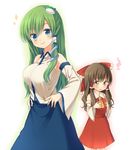  ascot bad_id bad_pixiv_id blue_eyes blush bow breast_envy breasts brown_eyes brown_hair detached_sleeves flat_chest frog frog_hair_ornament green_hair hair_bow hair_ornament hair_tubes hakurei_reimu hands_on_hips kochiya_sanae large_breasts lips long_hair looking_at_viewer multiple_girls simple_background skirt smile snake touhou white_background yue_teitoku 